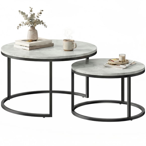 Modern Nesting Coffee Table Set of 2, Round Marble Grey MDF Top with Steel Base, Space-Saving Side Tables for Living Room, Bedroom, Office, and Small Apartment Decor