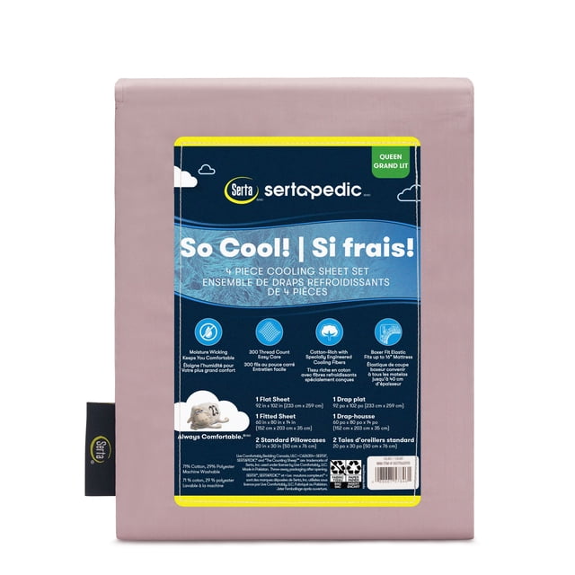 Sertapedic So Cool! 4pc Cooling Sheet Set queen size in soft pink, made with 300 thread count cotton and cooling polyester blend fabric that wicks moisture and fits mattresses up to 10 inches deep, includes flat sheet, fitted sheet, and two pillowcases, suitable for hot sleepers or warm climates.
