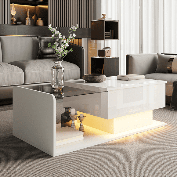 LED Coffee Table for Living Room White Lift Top Coffee Tables Modern Center Table with Storage Hidden Compartment High Gloss Lift Tabletop