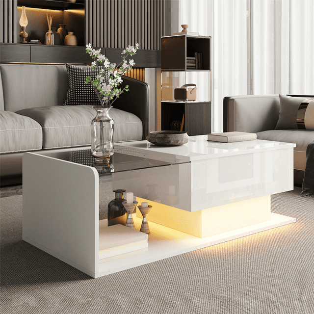 LED Coffee Table for Living Room White Lift Top Coffee Tables Modern Center Table with Storage Hidden Compartment High Gloss Lift Tabletop. A contemporary white coffee table with a high-gloss UV finish and tempered glass top, featuring a lift-top design for adjustable height. Includes hidden compartments and open storage space, illuminated by a soft LED light strip controlled via a mobile app. Suitable for modern furniture arrangements, dining, working, or entertainment. Positioned in a stylish living room with neutral tones and accent decor.