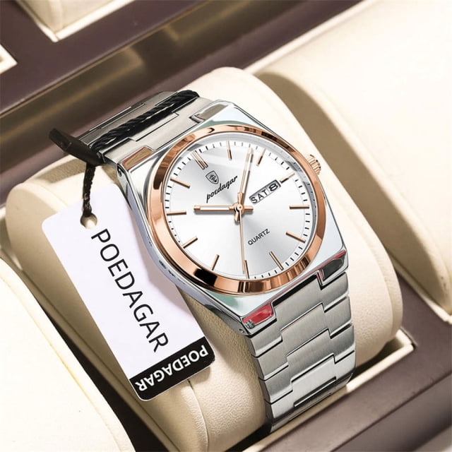 POEDAGAR Montre de Mode pour Homme en Or Blanc à Quartz en Acier Inoxydable Analogique Étanche Lumineuse avec Date