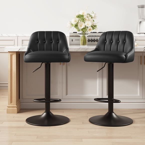 MALOL Bar Stools Set of 2, Swivel Bar Chairs, Modern Adjustable PU Leather Upholstered Barstools Counter Height with Tufted Back for Bar, Kitchen Counter Island, Dining Room, Black