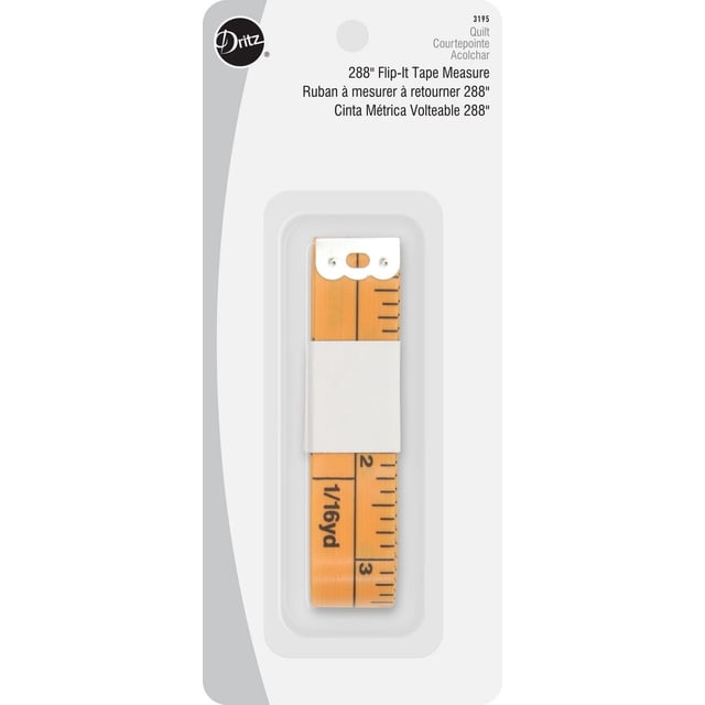 Dritz® Yardage Marked Tape Measure, 1 count, showing a folded orange fiberglass tape with black 1/16 yard increments and metal tip, packaged on white and gray card with Dritz logo and bilingual product name, suitable for quilting and fabric measuring up to 288 inches.