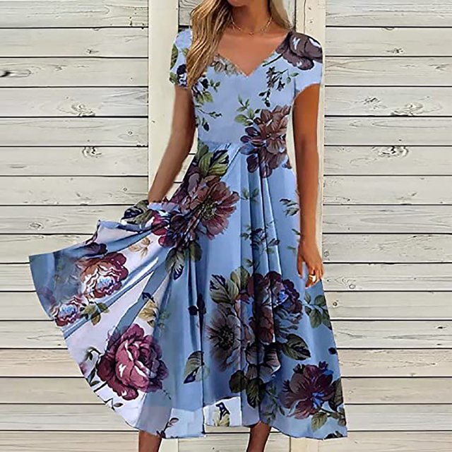 Jusqu'à 65 % de Rabais! Robes d'Été Mode pour Femmes 2024 Grande Taille pour Imprimé Floral Manches Courtes Robe à Col en V Robes Plissées Fluides