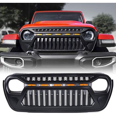 Tecman Front Grille Grid Grill with Amber LED Running Lights Compatible with 2018 2019 2020 Jeep Wrangler JL JT Gladiator Series
