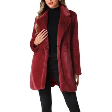 INSPIRE CHIC Manteau en Fausse Fourrure pour Femme à Revers, Pardessus Chaud d'Hiver, Ouvert à l'Avant, Décontracté, Long, Duveteux, Vestes m Rouge