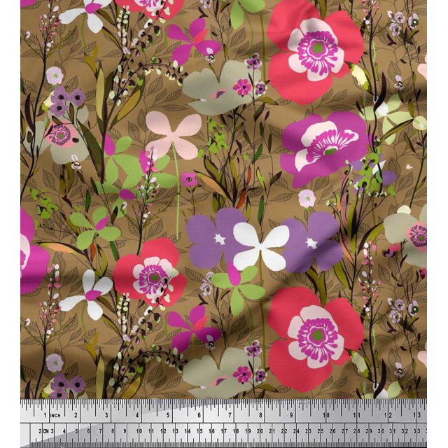 Soimoi Brown polyester Crepe Fabric Leaves & Floral Artistic Fabric Prints By Yard 42 Inch Wide