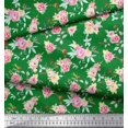 thumbnail image 2 of Soimoi Tissu en Voile de Coton Vert Feuilles & Roses Imprimé Floral au Mètre 56 Pouces de Large, 2 of 3