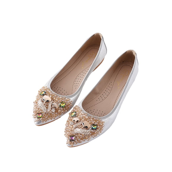 1 Pair Leisure Time Women Rhinestone Loafers Party Banquet Holiday Festival Girls Flat Heel Shoes Ladies Ballet Slides Footwear Silver Size 34