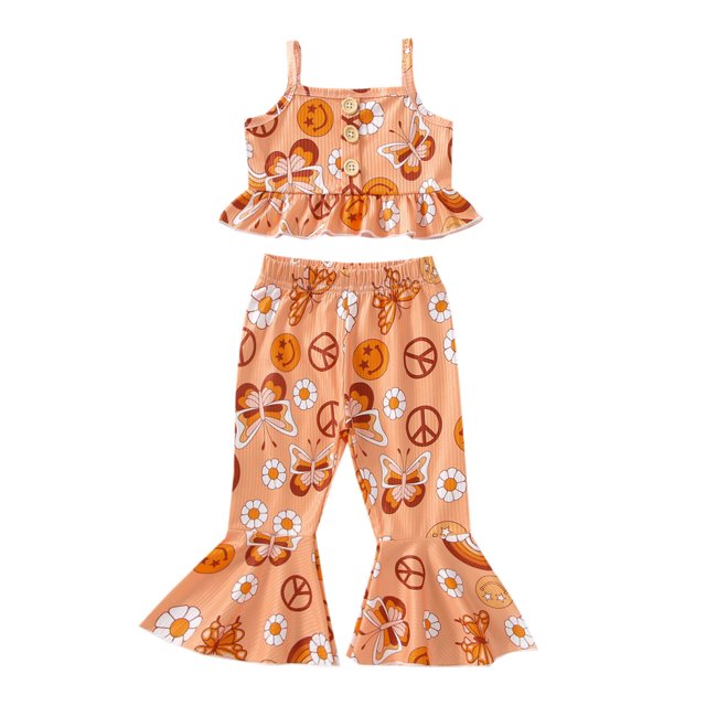 Honganda Toddler Kid Girl Clothes Set Letter/Butterfly Floral Printed Sling Buttons Ruffle Hem Tank Tops with Flared Pants