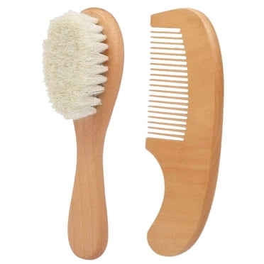 2 Pack Baby Hair Brush & Comb Set - Natural Wooden Handle with Soft Goat Hair - for Cradle Cap Care