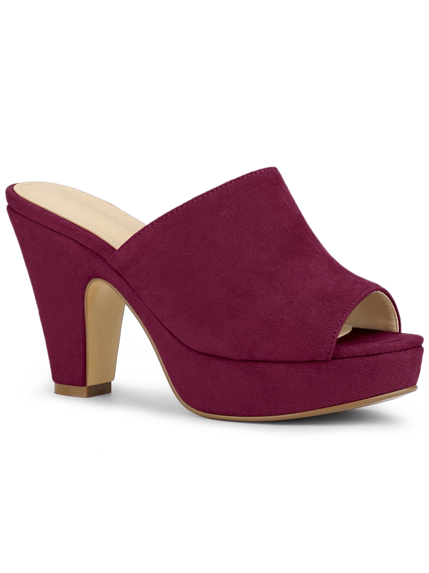 BLISSFUL STEP Women's Chunky Heels Platform Open Toe Slides Sandals Burgundy 6