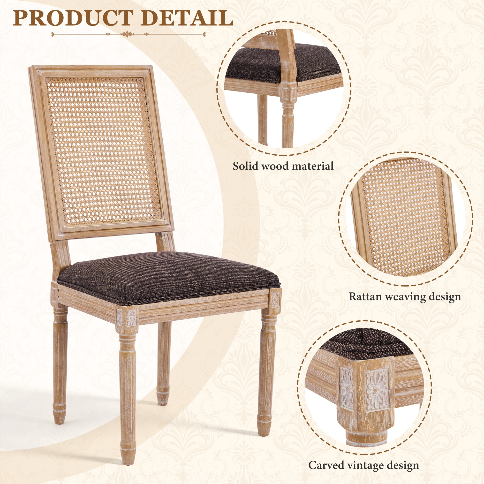 Noble House French Country Dining Chair Set of 2,Rectangular Cane Backrest,Brown