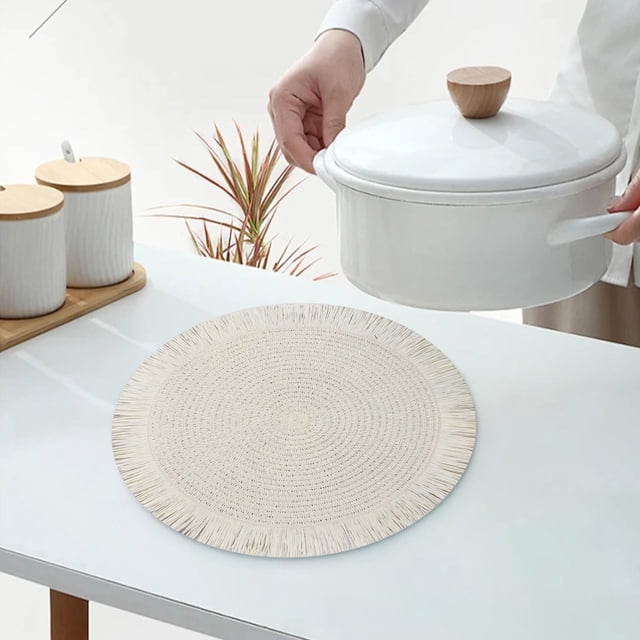 Tapis de Table Rond Tissé 38 cm Isolation Thermique Anti-Huile Imperméable Napperon pour Table à Manger Café Maison Restaurant
