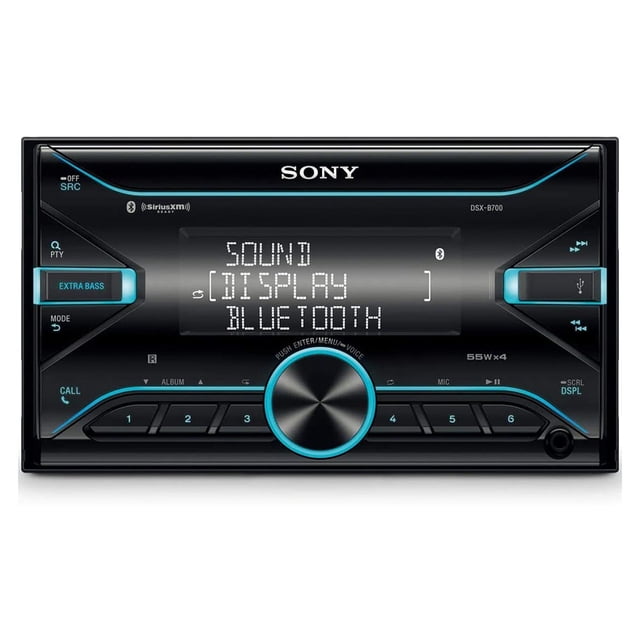 Sony DSXB700 Media Receiver with Dual Bluetooth Technology and Sirius XM front-facing single-DIN black car stereo with 3-line high-contrast LCD, left volume knob, USB/AUX inputs, visible control buttons and Dynamic Color Illuminator LEDs that pulse to music, compact 7 x 3.94 x 6.97 inch chassis; often used as a dash-mounted media controller for rear passenger selection with the included RM-X231 remote.