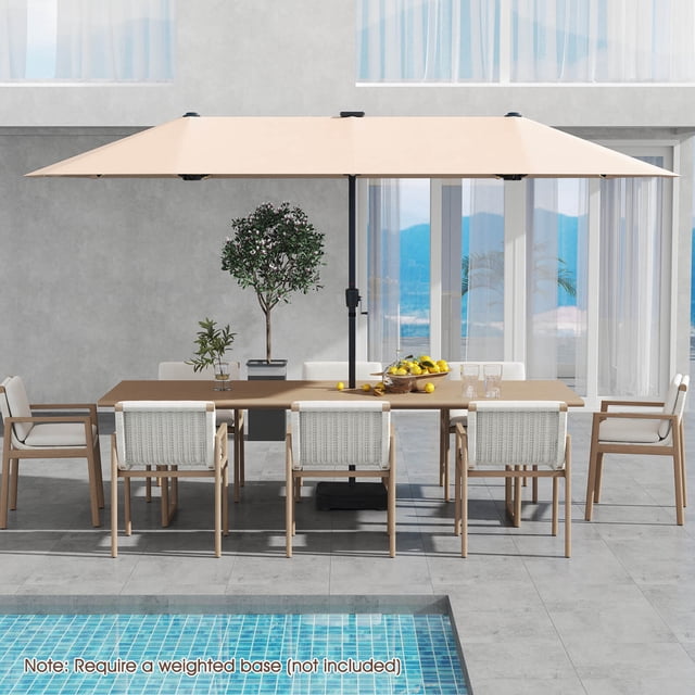 Costway 13 FT Large Patio Umbrella with LED Solar Lights in beige, designed for outdoor shade with a double-sided canopy providing extra-large coverage over a rectangular dining table with six chairs. Features 108 solar-powered warm-yellow LED lights, a crank handle for easy operation, and 12 heavy-duty metal ribs for stability. Ideal for poolside or patio settings.