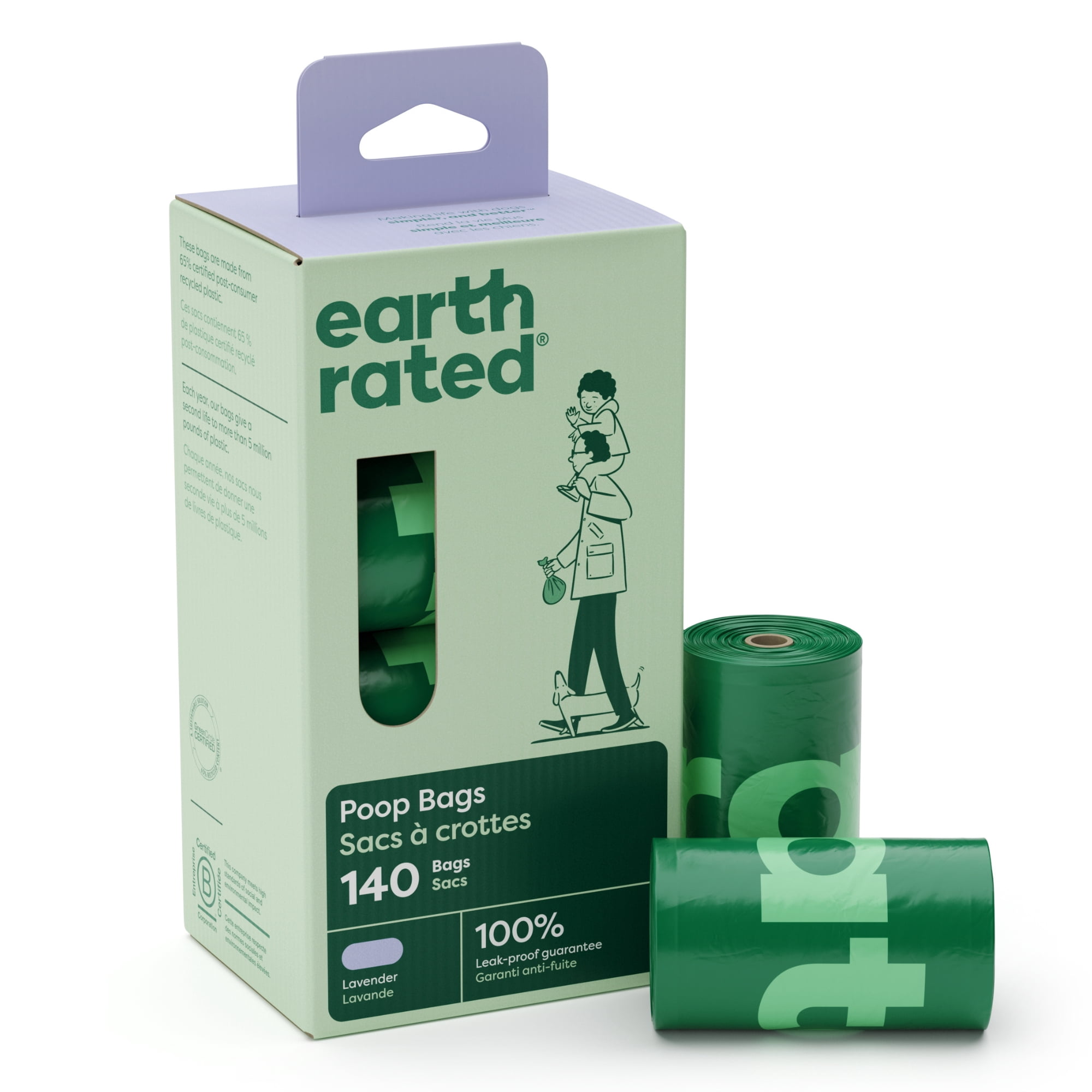 Earth Rated Sacs à Crottes pour Chiens Anti-Fuite à la Lavande, 140 Sacs sur 7 Rouleaux de Recharge Individuels
