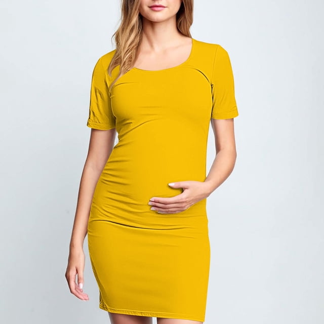Ovzne Robes d'Été pour Femmes 2025 Robe Femme à la Mode Imprimée Plissée Jupe de Maternité Manches Courtes Col Rond Mi-Mollet Robe de Vacances Manches Courtes Imprimée Liquidation