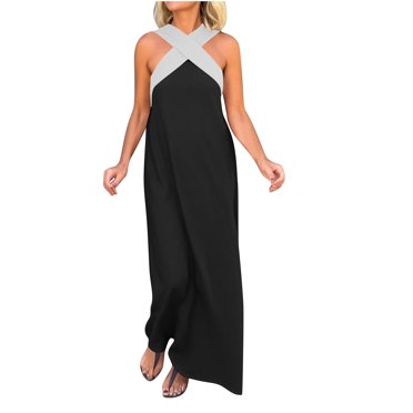 Robes à Encolure Croisée pour Femmes Sans Manches à Blocs de Couleur Robes Maxi Amples Décontractées de Vacances Longue Robe Noire, 2TG