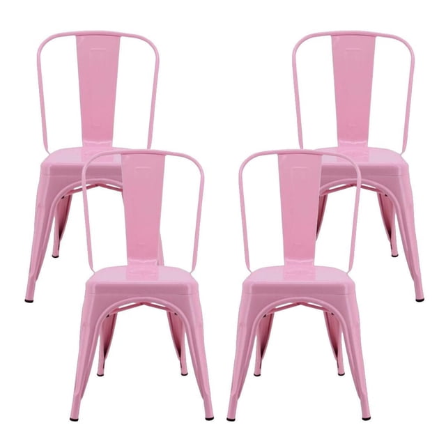 Heavenly Collection Pink Metal Dining Chairs set of 4, armless with stackable, weather-resistant steel frames in pink, designed for durable indoor and outdoor kitchen or dining seating, also suitable for patio use.
