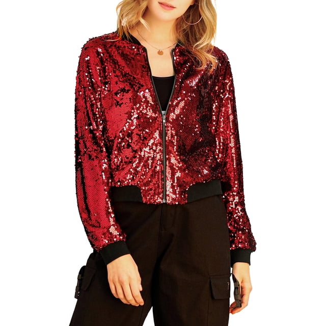 INSPIRE CHIC Veste à Paillettes pour Femme en Rouge, une Pièce d'Extérieur Style Bomber à Manches Longues, Poignets Côtelés, Col et Taille. Comprend une Fermeture Éclair Complète à l'Avant, des Poches Latérales Cachées et une Doublure Douce pour le Confort. Parfaite à Agencer avec un Pantalon Ou une Jupe Noire pour des Sorties CHIC, des occasions Festives Ou le Quotidien.