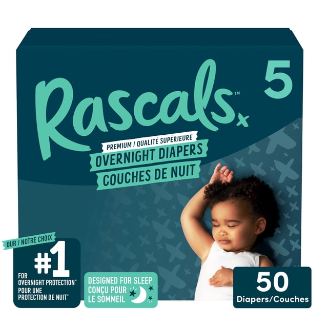 Rascals Overnight Absorbent Baby Diapers Size 5 carton in dark teal with light teal text, featuring premium overnight protection and designed for sleep, containing 50 diapers with advanced leak guards for comfort.