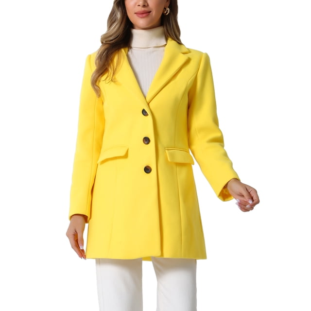 INSPIRE CHIC Women's Coat Solid Color Notched Lapel Single Breasted Winter Peacoat Yellow L