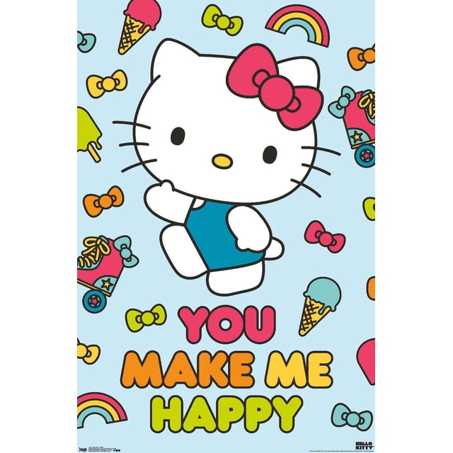 Hello Kitty - Happy Wall Poster, 22.375" x 34" featuring a front-facing Hello Kitty in a blue outfit and red bow on a light blue background with colorful bows, ice cream cones, rainbows, and roller skates, with 'YOU MAKE ME HAPPY' in bold multicolored letters, suitable for decorating bedrooms, kids' rooms, or dorms.