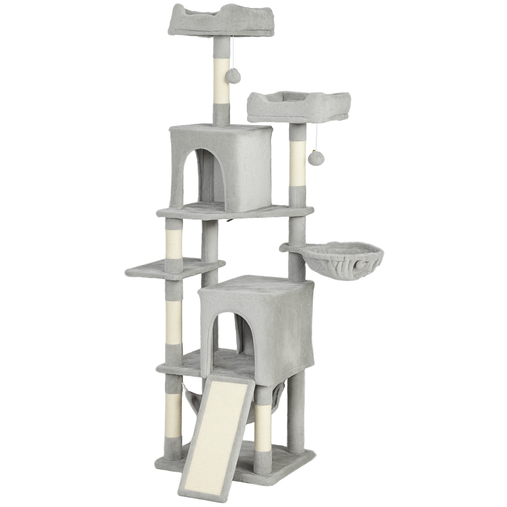 CoSoTower Cat Tree, 70" Multi-Level Cat Tower with 2 Condos, 2 Beds, Hammock, Toy Balls, Scratching Posts and Board, Light Grey