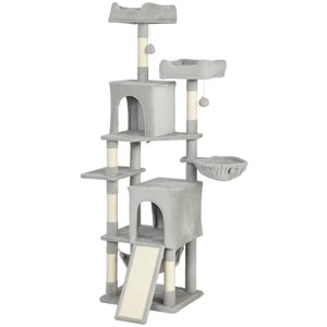 CoSoTower Cat Tree, 70" Multi-Level Cat Tower with 2 Condos, 2 Beds, Hammock, Toy Balls, Scratching Posts and Board, Light Grey