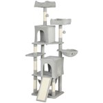 CoSoTower Cat Tree, 70" Multi-Level Cat Tower with 2 Condos, 2 Beds, Hammock, Toy Balls, Scratching Posts and Board, Light Grey