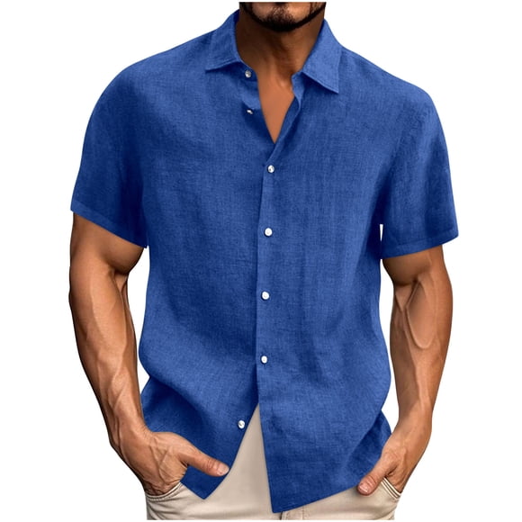 Brnmxoke Linen Dress Shirts for Men Casual Collared Solid Color Tees Short Sleeve Button Down Wrinkle Free Vacation Beach Summer Tops Blue,XXXXXL