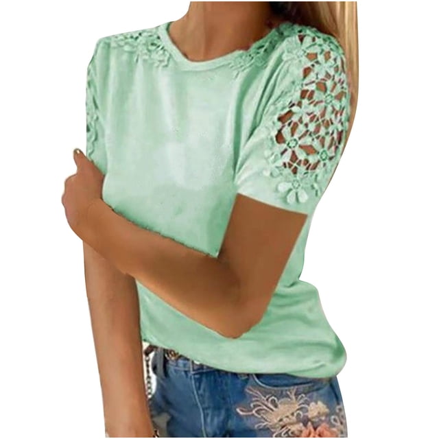 Birdeem Mode Femme Été Col Rond Loisirs Manches Courtes Couleur Unie Dentelle Couture Hauts