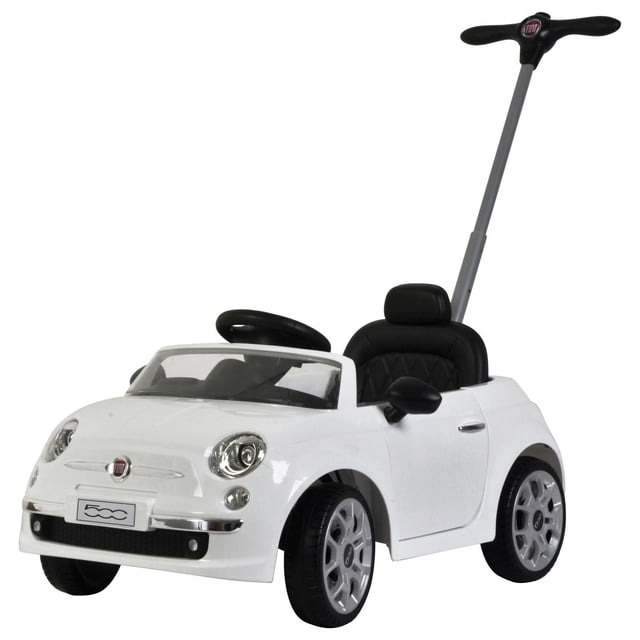 Best Ride On Cars Fiat 500 Push Car White Stroller with white body and black seat, featuring a steering wheel, adjustable handle with Fiat logo, safety belt, adjustable footrest, horn, music, and realistic headlights, designed for outdoor push ride-on play.