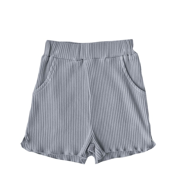 Timegard Baby Girls Clothes Toddler Ribbed Cute Elastic Waist Children Casual Comfy Loose Ruffle Shorts in grey. Designed with a ribbed texture, elastic waistband, functional pockets, and loose ruffle design for comfort and style. Ideal baby bottoms for summer wear, easily paired with t-shirts or jumpsuits.