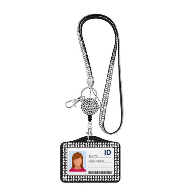 New Rhinestone Badge Holder ID Lanyard Bling Crystal Necklace Strap Badge Card Holder Protector Case Retractable Hanging Rope Silver-Horizontal