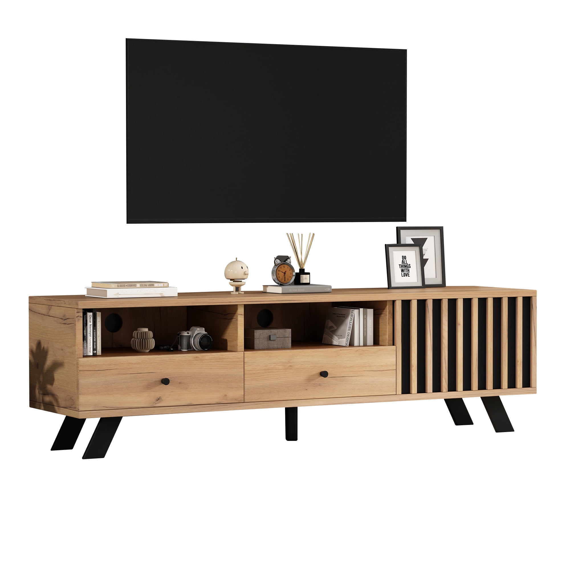 Noble House 59" TV Stand,Open Shelving Wood-Grain Finish Media Console for 65" TV,Natural