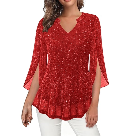 Women’s Glitter Sequin V Neck 3/4 Sleeve Tunic Top Double Layer Mesh Flowy Ruffle Blouse Sparkle Party Wear Dressy Casual Foil Print Top,Red,L