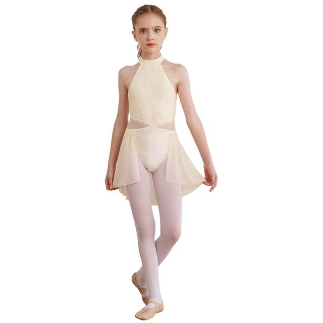 Yartina Robe de Danse Ballet Sans Manches pour Filles, Robe Justaucorps Moderne Contemporaine Champagne 12