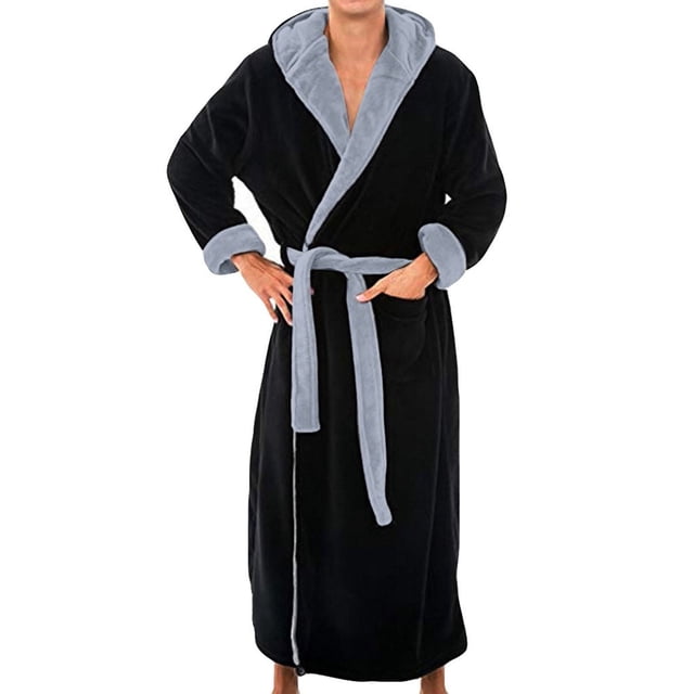 Men's Color Blocked Velvet Bathrobe Pajama Sleeping Robe with Hood