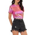 thumbnail image 1 of INSPIRE CHIC Women's Party Metallic Textured Short Sleeve Shiny Multicolor Top Pink XX-Large, 1 of 6