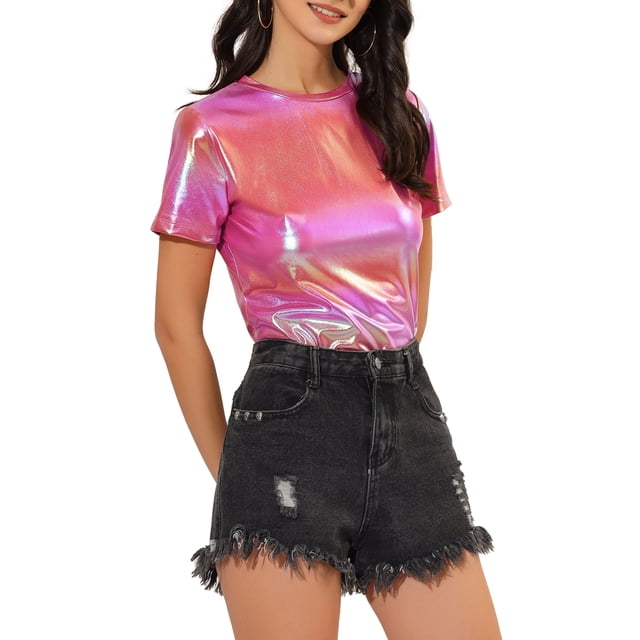 INSPIRE CHIC Women's Party Metallic Textured Short Sleeve Shiny Multicolor Top Pink XX-Large