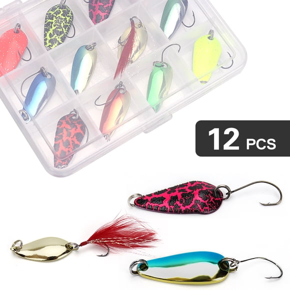 12 Pcs Leurres de Pêche à Cuillère Appâts Durs Hameçons de Pêche avec Rangement