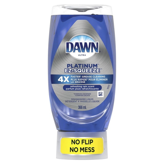 Dawn EZ-Squeeze Platinum Dishwashing Liquid Dish Soap in a 366 ml blue plastic bottle with a silver label featuring 4X faster grease cleaning and refreshing rain scent, designed with a no-flip, no-mess cap for easy squeezing and efficient dishwashing.