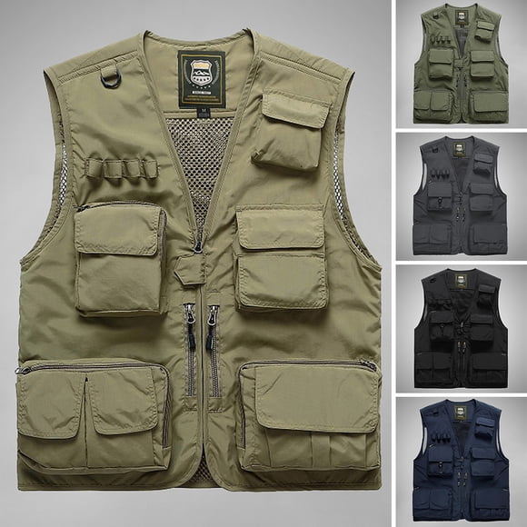 Graflsoa Men's Quick-Dry Nylon Vest with Multiple Pockets, Sleeveless V-Neck Design for Outdoor Activities, Fishing, and Travel, Available in Dark Blue, Black, Grey, Army Green, Khaki, Sizes S-7XL