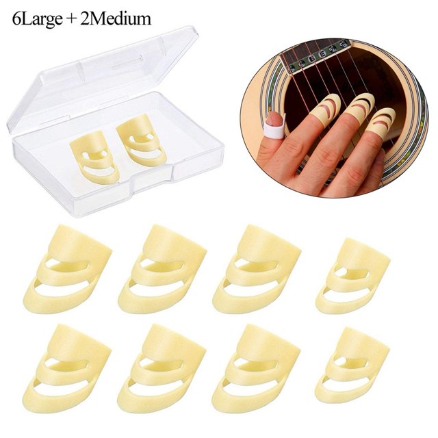 8 Pcs Pics de Guitare Alaska, Pics de Doigt Ajustables de Couleur beige, Conçus pour Guitares, Ukulélés et basses. Comprend 6 Tailles Grandes et 2 Moyennes, Faits d'Un Matériau durable Qui Passe par-Dessus le Doigt et sous l'Ongles pour un Jeu Précis. Livré avec une Boîte de Rangement en Plastique Transparent.