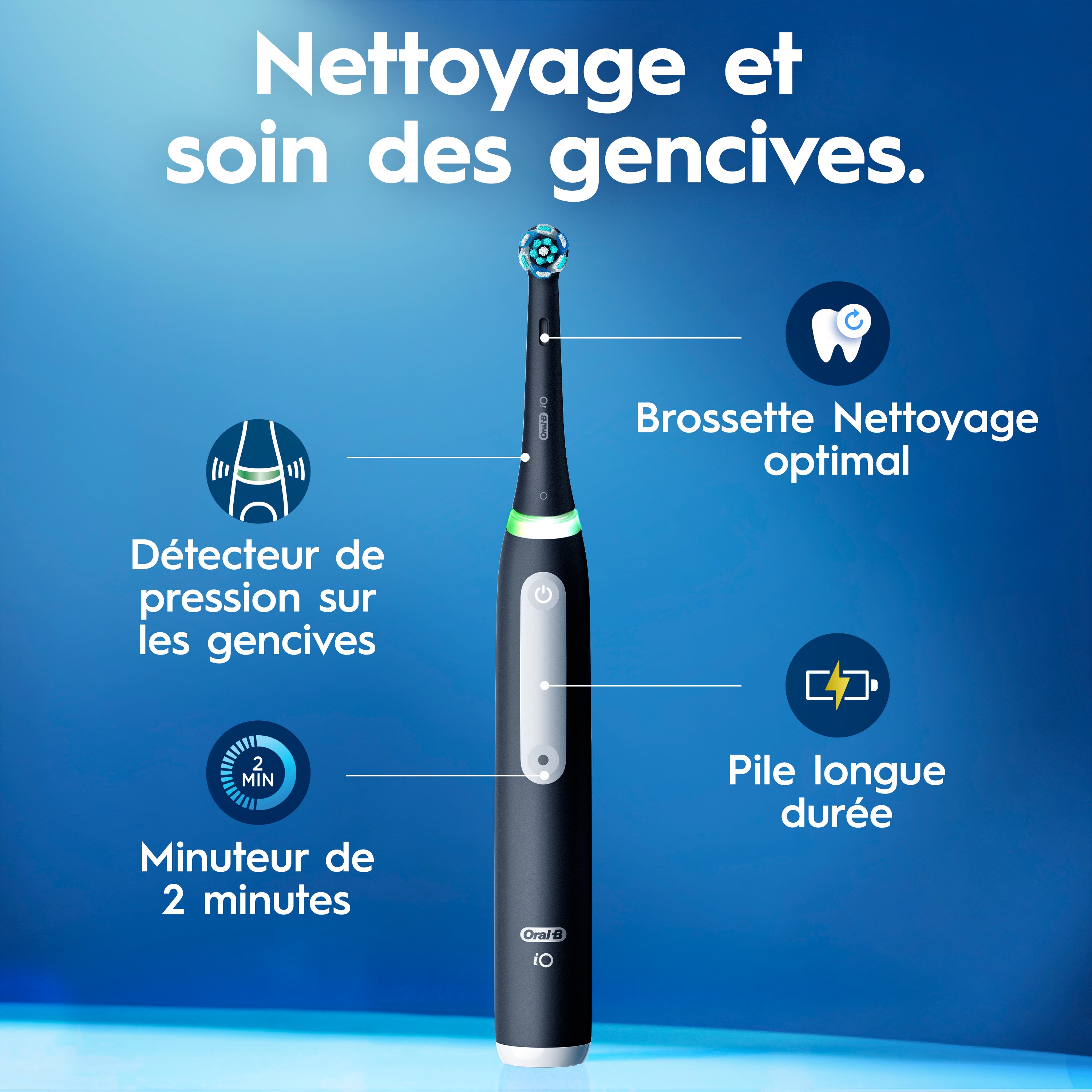 Brosse à dents électrique rechargeable Oral-B, iO4 Propreté et gencives, 4 modes de nettoyage, détecteur de pression visuel pour protéger les gencives, 2 brossettes, étui de voyage, rose