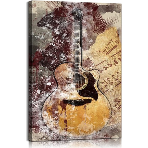 Art Mural sur Toile de Guitare Déco Rétro de Guitare Affiches de Musique Vintage Déco de Studio de Musique Acoustique Affiches de Classe de Musique Déco Murale de Musique Cadeaux de Guitare à un Artiste Musical Facile à Accrocher 12x18