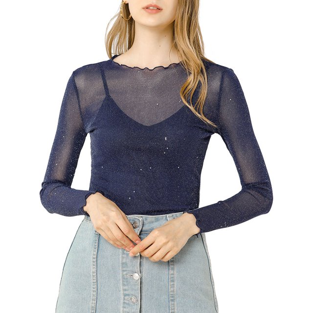 INSPIRE CHIC Women's Long Sleeve Mesh with Spaghetti Strap Camisole Tops