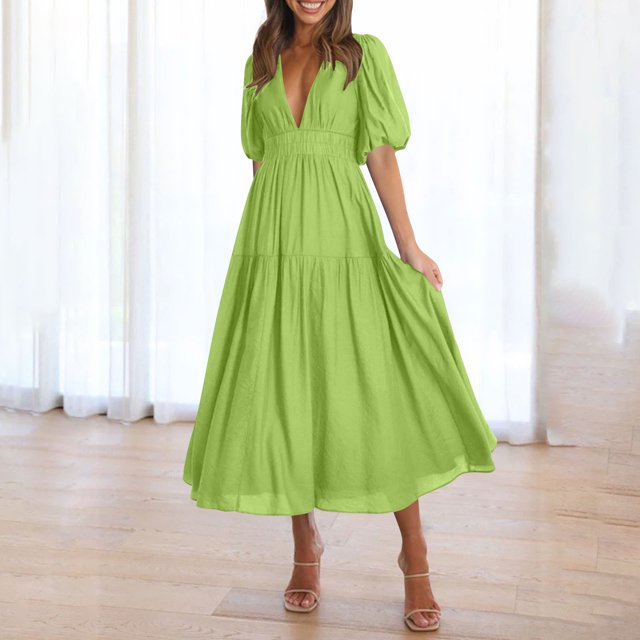 LOVZFMLL Robe Longue Décontractée pour Femme à Manches Bouffantes, Col en V, Vert Menthe, m
